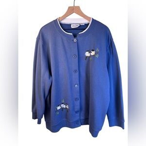 Vintage Speculation Blue Button-Up Cardigan with Chickadee Bird Embroidery 3X